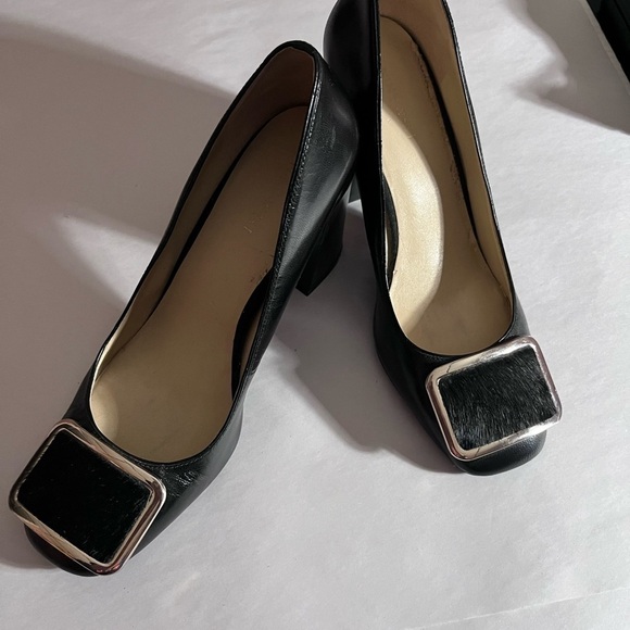 Vintage Nine West black fur silver buckle block Whimsigoth slip on heels Sz 8 - Picture 3 of 15